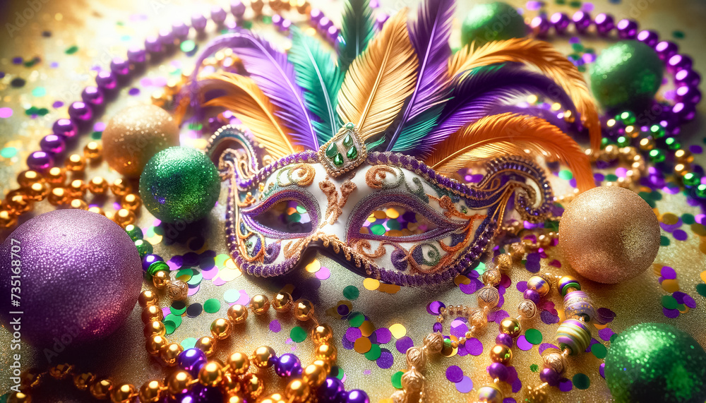 Majestic Mardi Gras Mask Amidst a Treasure Trove of Festive Ornaments Majestic Mardi Gras Mask Amidst a Treasure Trove of Festive Ornaments