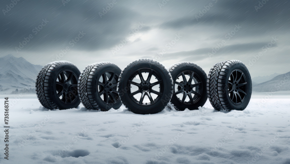 Group of black tires in snow landscape. Automotive safety and winter preparedness with new treaded wheels, ensuring reliable drive and road grip in icy conditions Group of black tires in snow landscape. Automotive safety and winter preparedness with new treaded wheels, ensuring reliable drive and road grip in icy conditions