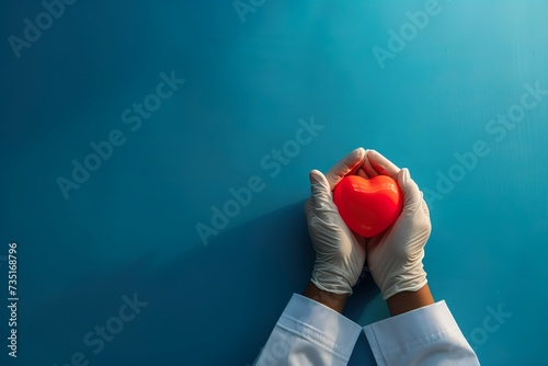 Doctor's hands in heart-shaped medical gloves on a blue background. express love.