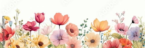 Blooming poppy beauty, colorful flowers, watercolor banner.