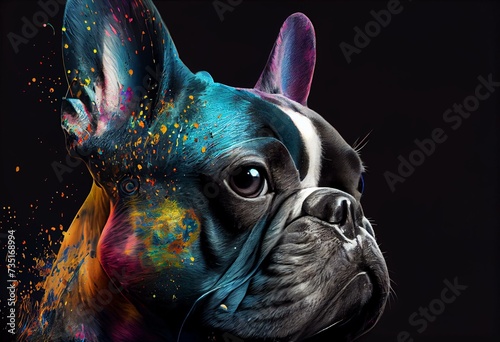 Colorful french bulldog with paint splashes. Generative AI © Isabella