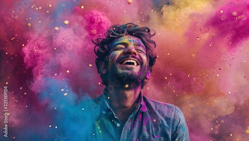 Smile through the colors  A man grins amidst vibrant powder. Photo-realistic techniques showcase a psychedelic color palette. Elevate your visuals with this vivid and expressive stock photo.