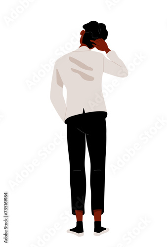 Person standing turned backside. Man in white and black suit. Character go away in buainess clothes. Poster or banner. Cartoon flat vector illustration isolated on white background