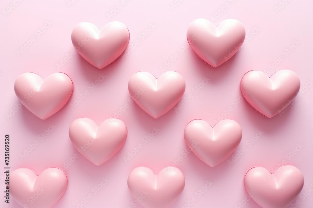Chic Minimalistic hearts pastel pink. Multiple glossy little hearts on pink surface. Generate ai