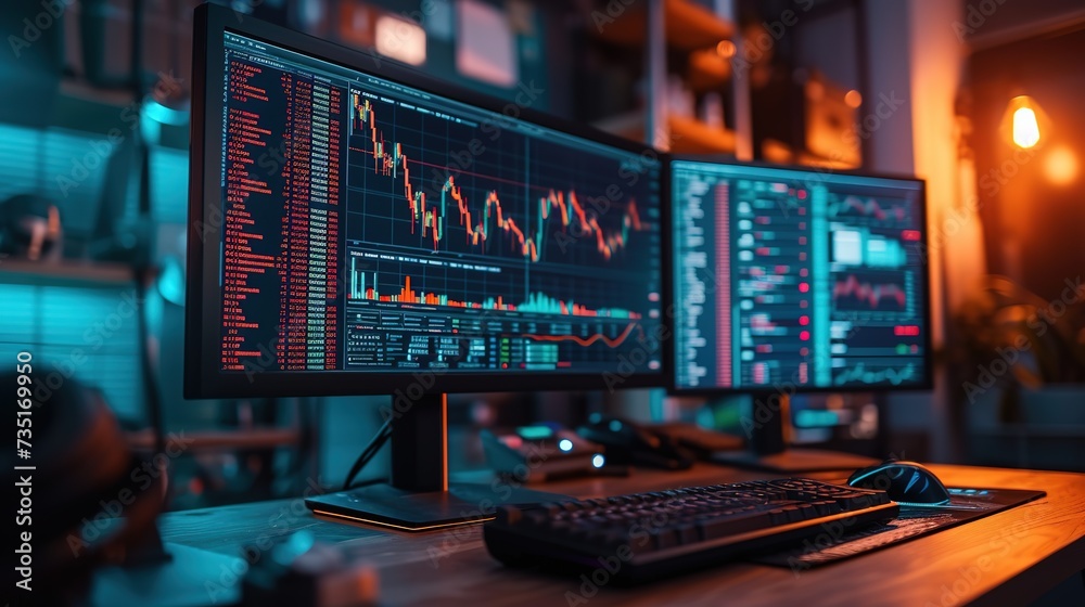 A trading workstation with dual monitors displaying live stock market charts and financial data in a home office setting. A trading workstation with dual monitors displaying live stock market charts and financial data in a home office setting.