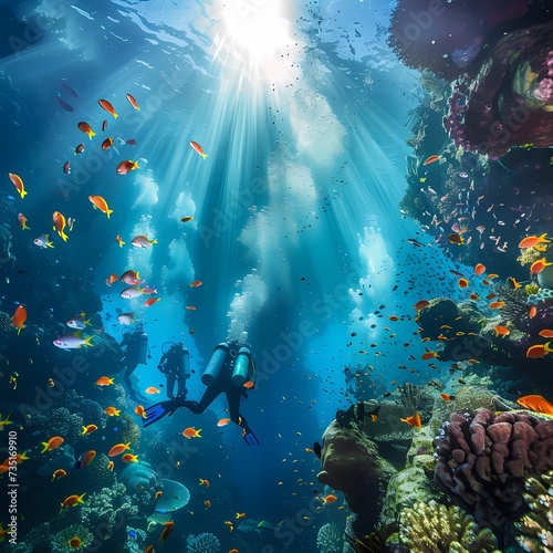Scuba Diver Exploring Vibrant Coral Reef Under Sunlit Ocean © RobertGabriel