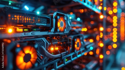 A close-up view of a high-performance computing server rack with active cooling fans and illuminated components. photo