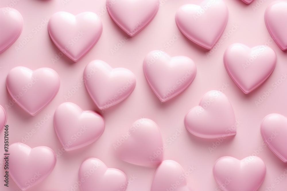 Soft Minimalistic hearts pastel pink. Multiple glossy little hearts on pink surface. Generate ai