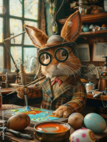 Easter artist bunny painting colorful easter eggs in his steampunk styled workshop