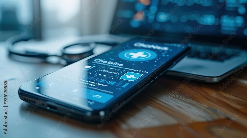 A modern smartphone displaying a healthcare mobile application interface with medical data and heart rate monitor on a desk. A modern smartphone displaying a healthcare mobile application interface with medical data and heart rate monitor on a desk.