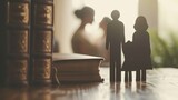 Silhouette of a paper cut family with two adults and a child against a background of law books on a wooden table.