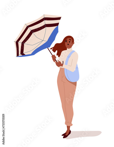 Person walking with umbrella. Woman in wet weather outdoor. Autumn and fall season. Character in casual clothes. Template and layout. Cartoon flat vector illustration isolated on white background