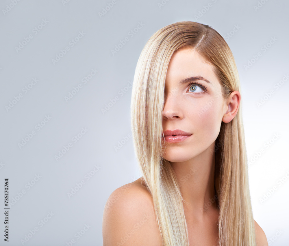Straight hair, beauty or serious woman in makeup for care isolated on white studio background. Face, hairstyle or blonde model in cosmetics, hairdresser or thinking of salon treatment on mockup space Straight hair, beauty or serious woman in makeup for care isolated on white studio background. Face, hairstyle or blonde model in cosmetics, hairdresser or thinking of salon treatment on mockup space