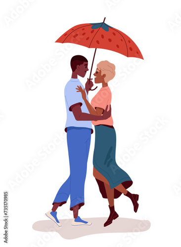 Person walking with umbrella. Man and woman in wet weather outdoor. Autumn and fall season. Character in casual clothes. Romance and love. Cartoon flat vector illustration isolated on white background