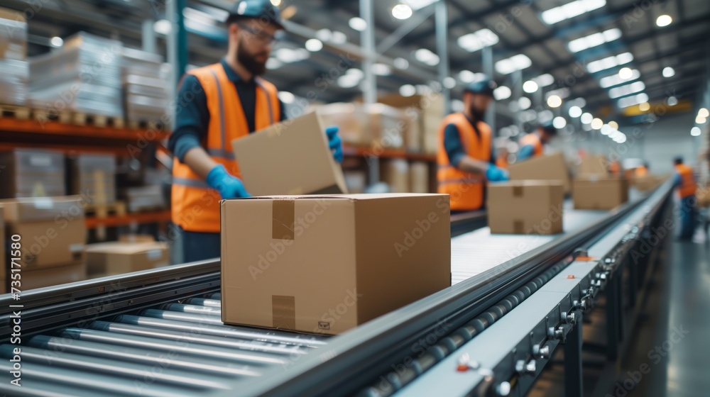 Fototapeta premium Cardboard boxes on conveyor rollers ready to be shipped by courier for distribution.Packed courier on production line against cardboard boxes in warehouse.Worker in a warehouse in the logistics sector