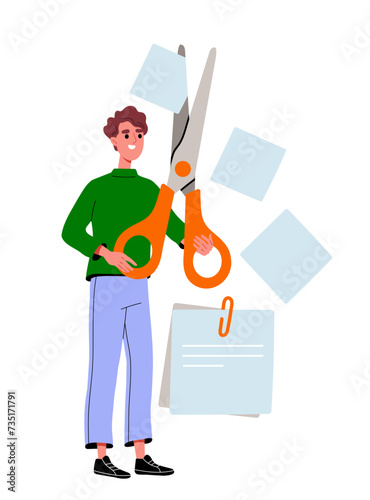 Person with huge stationery. Man with scissors near torn sheet of paper. Organizing workflow in office. Poster or banner. Cartoon flat vector illustration isolated on white background