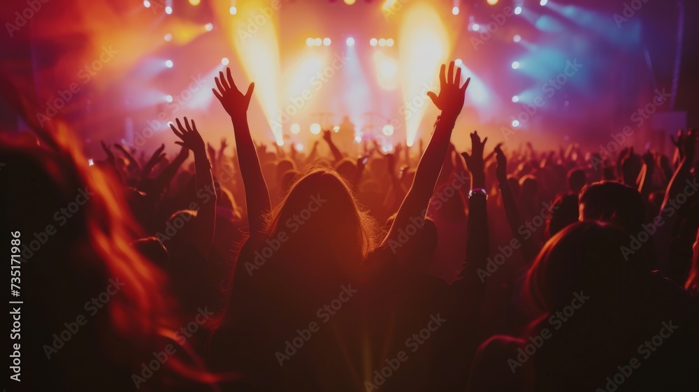 Fun music concert. Popular band star sing song. Happy fans people enjoy rock festival. Night club rave life. Disco show. Beautiful neon light. Pop musician man live perform. Singer play silhouette.
