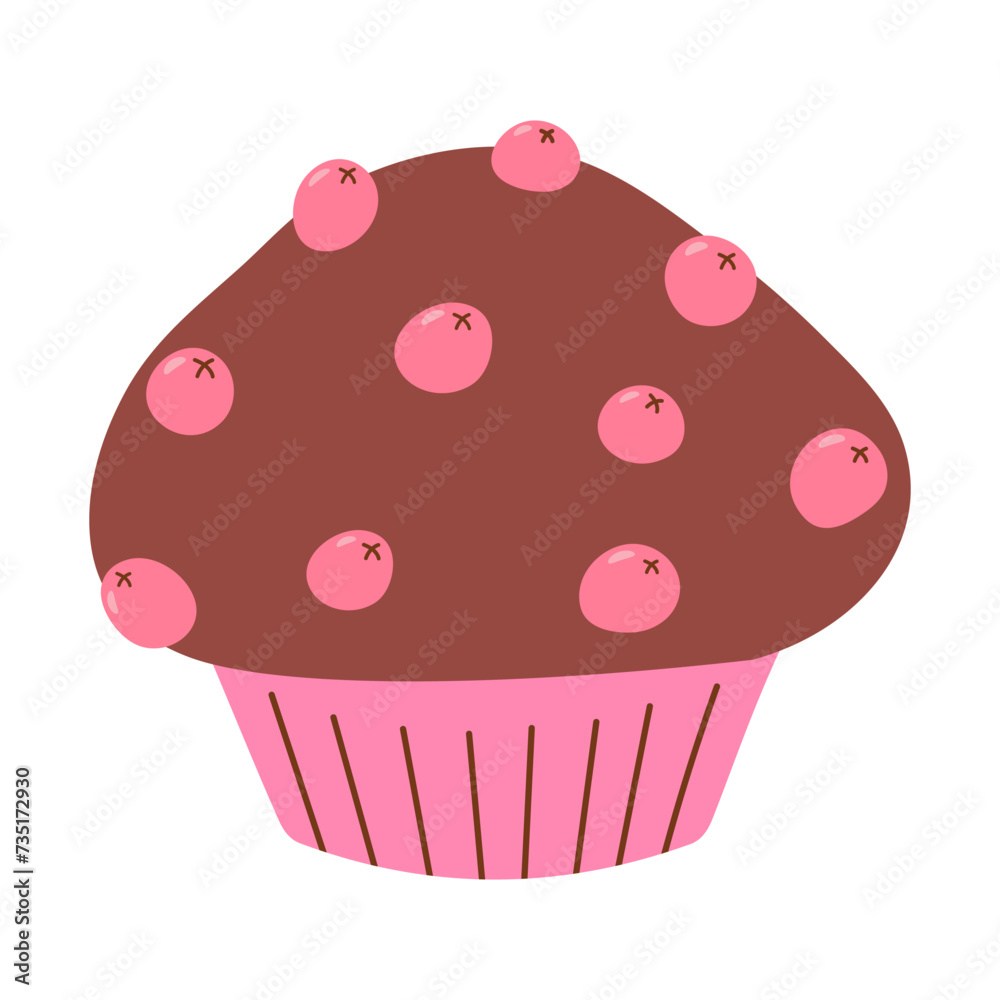 chocolate muffin with pink berries, food vector illustration, baked sweets, flat style muffin chocolate muffin with pink berries, food vector illustration, baked sweets, flat style muffin