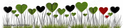 Nice illustration in green, black and red evoking love and nature, horizontal decorative frieze or Valentine's day card design, a healthy mind and body, natural lifestyle, grow and nurture life