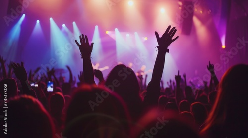 Fun music concert. Popular band star sing song. Happy fans people enjoy rock festival. Night club rave life. Disco show. Beautiful neon light. Musician man live perform. Singer play silhouette.