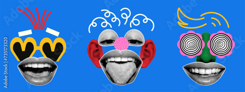 Creative set of funny faces in retro collage style. A funny muzzle is assembled from parts of a woman’s face, eyes, lips with a halftone effect, complemented by naive artistic doodles.