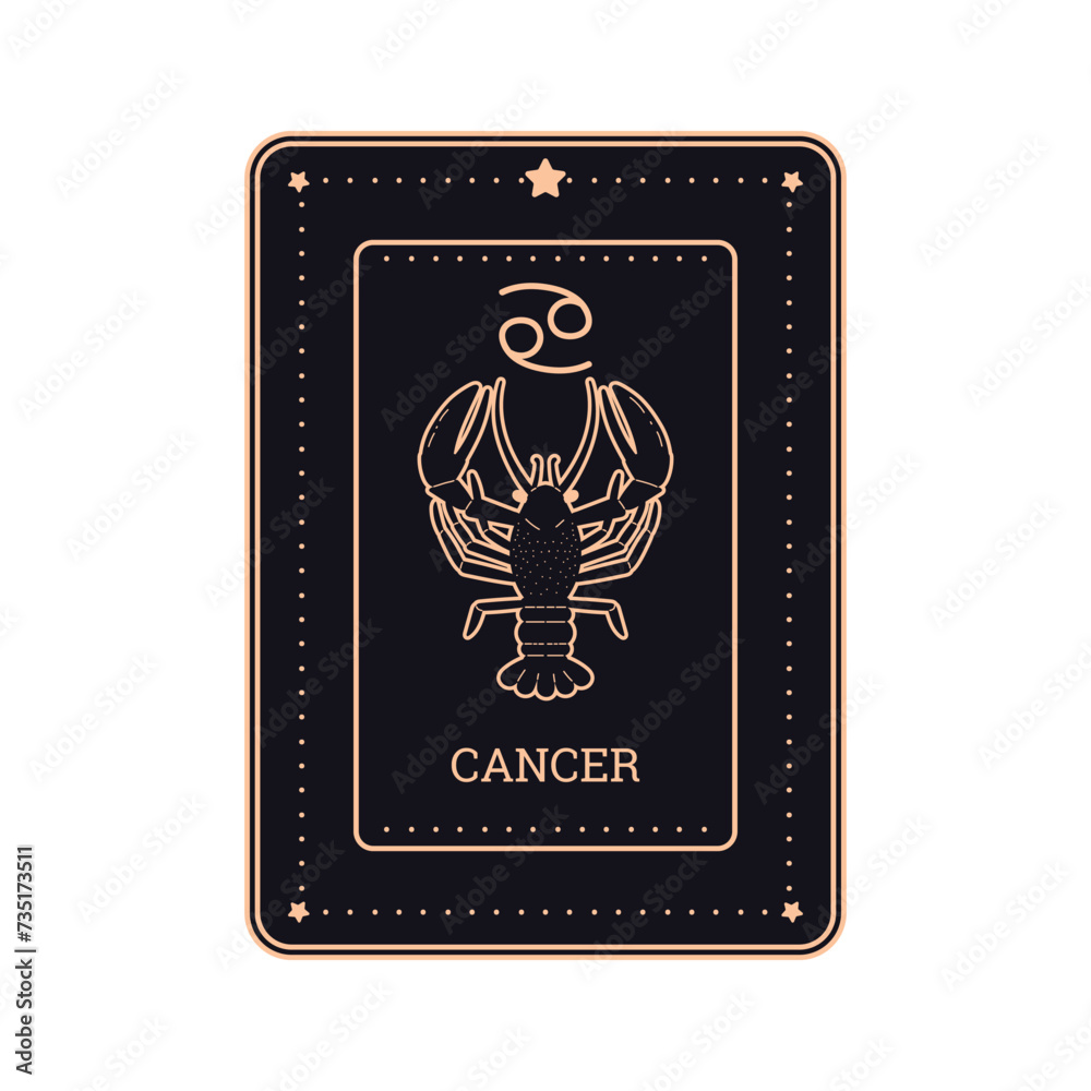 Horoscope black vector card in line art style with Cancer astrological zodiac symbol and sign golden contour silhouette Horoscope black vector card in line art style with Cancer astrological zodiac symbol and sign golden contour silhouette