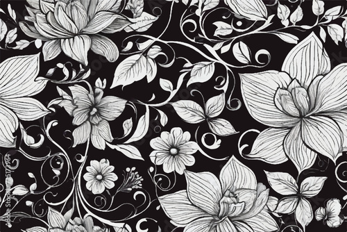 Fototapeta Naklejka Na Ścianę i Meble -  Floral background. Vector seamless background. Minimalistic abstract floral pattern. Black and white. Victorian style. Vector illustration. Abstract floral seamless pattern. Seamless floral art.