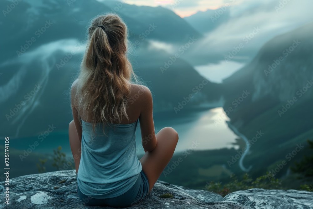Woman Sitting on Top of a Mountain Overlooking a Lake