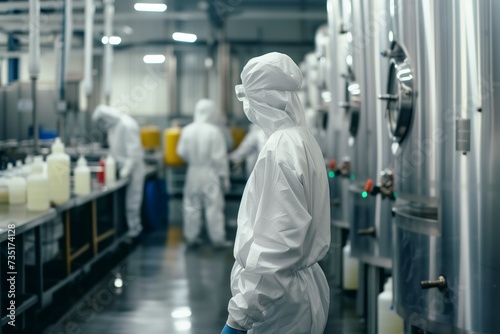A diverse group of individuals wearing white suits, performing various tasks in a factory setting.