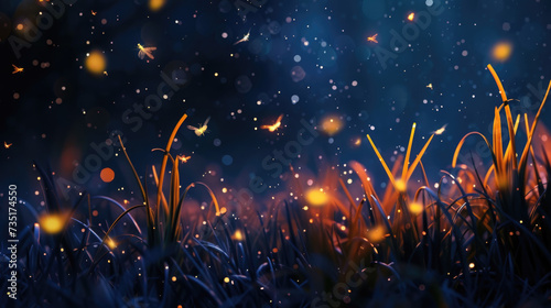 Black background and sparkling fireflies dancing in the night. AI Generate Image.