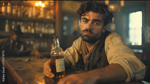 drunk bully farmer from the wild west, in a bar with bottle of whisky in hand photo