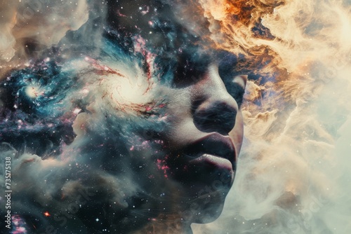Double exposure of a face with galaxy patterns