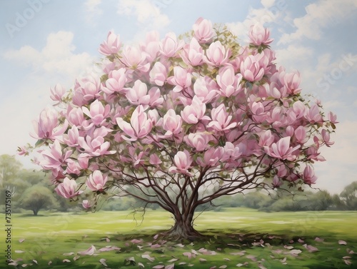 Magnolia tree with pink flowers photo