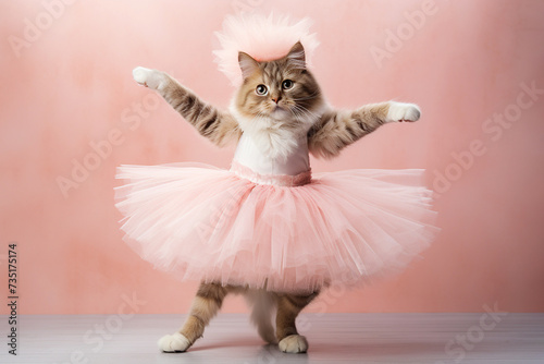 Cat ballerina dancer in a tutu on pink background. Cat dancing in ballerina outfit doing a pirouette. Classic dance, elegance and royalty, purebred cat as a ballet dancer photo