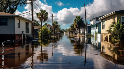 a flooded street in a residential area with houses and palm trees