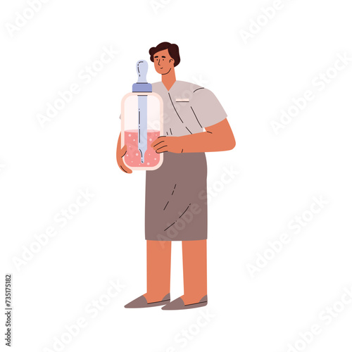 Manicurist or nail artist with huge nail cosmetic or cuticle remover bottle, holding medicine jar with pipette vector