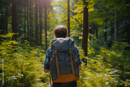 Traveler with a tourist backpack looking at the stunning view of the forest. Travel and hiking concept. Eco-friendly traveler hiking in the woods, sport and green tourism, camping.
