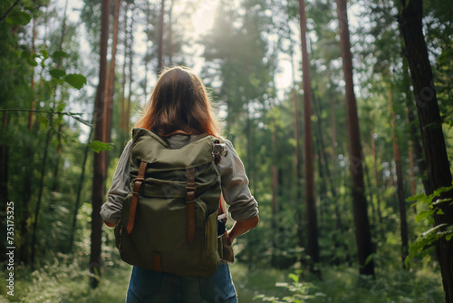 Traveler with a tourist backpack looking at the stunning view of the forest. Travel and hiking concept. Eco-friendly traveler hiking in the woods, sport and green tourism, camping. © Magryt