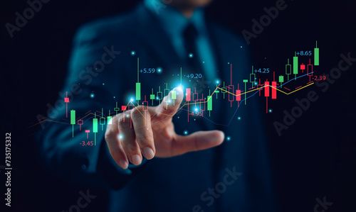 Business finance technology investment concept. Businessman investor trader analyze financial data chart trading forex, invest in stock market, fund digital asset plan. Trade budget accounting report photo