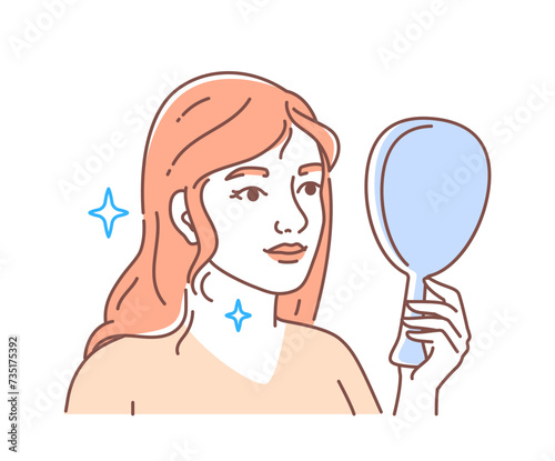 Plastic surgery face doodle. Woman with antiaging procedures. Girl look at mirror. Beauty treatment and skin care. Linear flat vector illustration isolated on white background