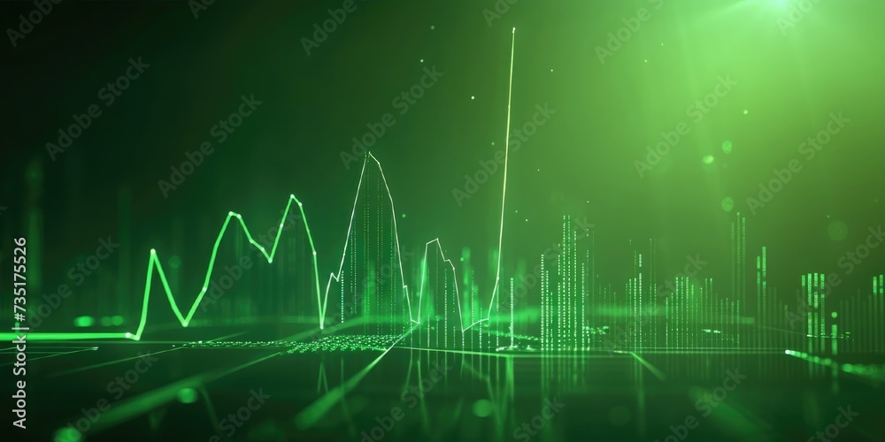 Abstract glowing green financial chart with upward trend lines and data points, symbolizing growth, analytics, and digital economy.