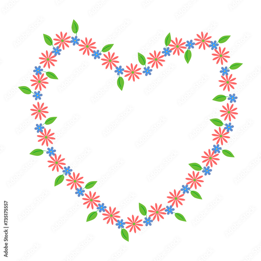 vector white background with flowers and leaves in the shape of a heart. Spring card with a heart of flowers and leaves.