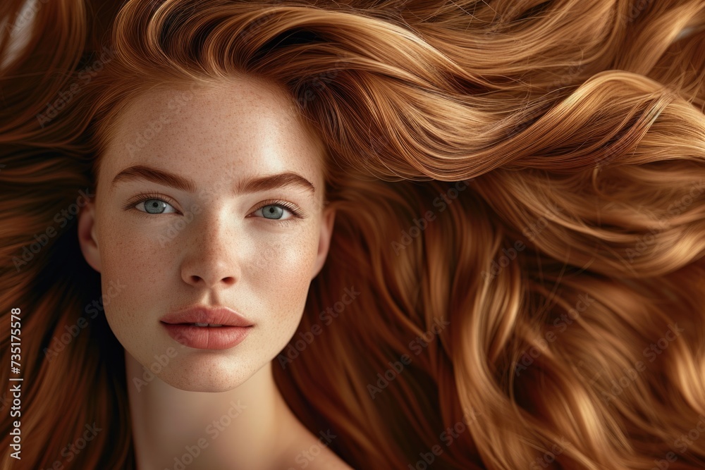 Obraz premium An unearthly beauty with fiery red hair, with a cascade of curls