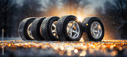 Group of tires on the ice in winter. Ensuring safe and reliable vehicle traction amidst icy conditions, essential automotive equipment for winter travel photo