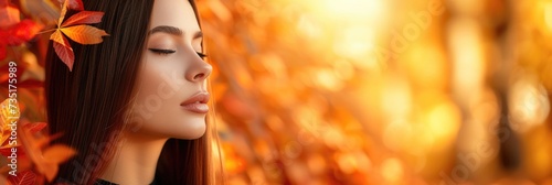 Woman with Sleek Hair and Fall Leaves