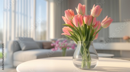 Beautiful pink tulips stand in a clear glass vase on a white round table in the middle of a bright modern living room