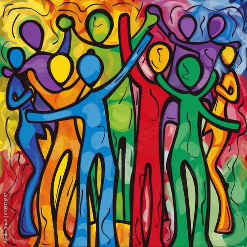 An assorted group of abstract individuals  depicted as friends or colleagues  stand together 