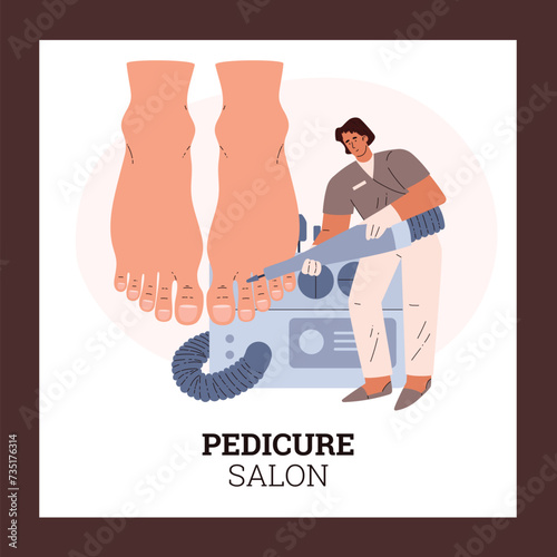 Pedicure salon vector poster, specialist removes the cuticle with apparatus for manicure, feet on skin care procedure
