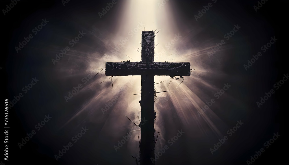 the cross of jesus christ in a dark room illuminated by bright white light. Easter holiday