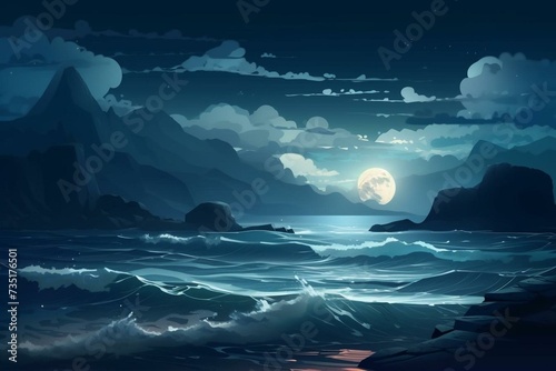 Seascape night fantasy of beautiful waves as illustration. Generative AI